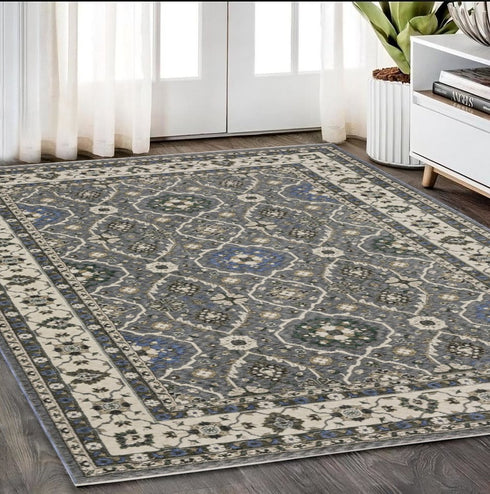 5' X 8' Blue And Gray Oriental Area Rug With Fringe
